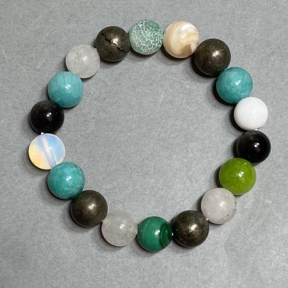 Stretch bracelet assorted aquamarine mother-of-pearl malachite bead 10mm+-, length 18cm +-