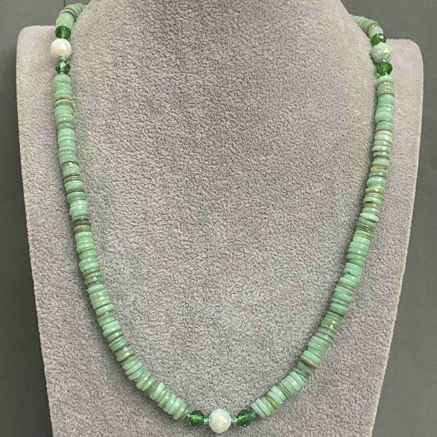 Long necklace with Skaffarka shell Scarphka rondelle 6x2mm+- Czech crystal faceted bead 8mm, length 90cm +