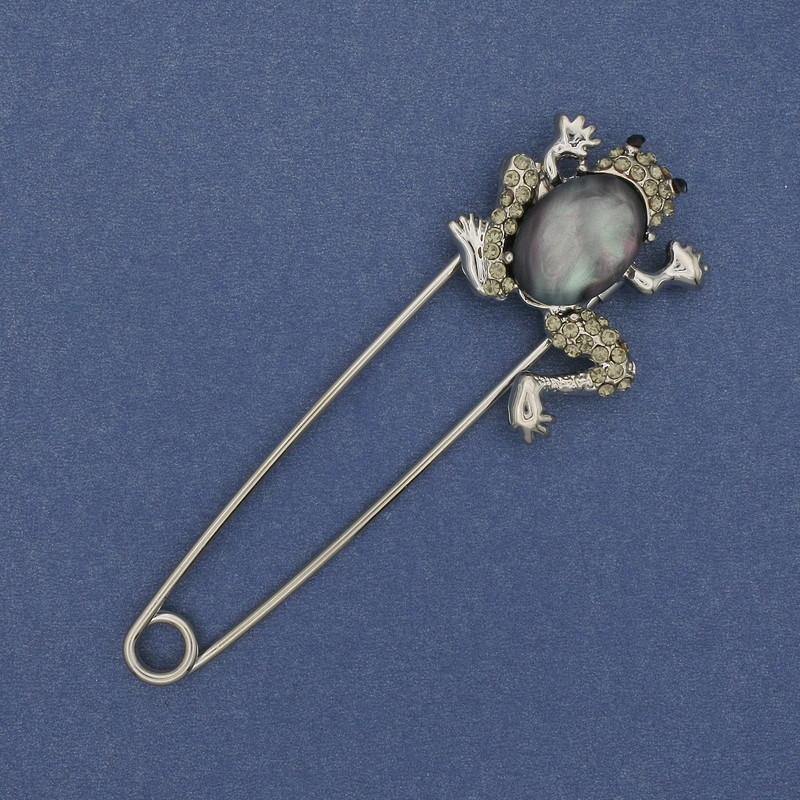 Brooch-pin "Frog" cabochon rhinestones silver-tone metal 80x27mm+