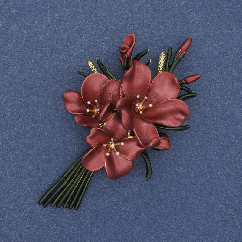 Brooch-pendant Flower maroon and green enamel 47x80mm+- gold-tone metal