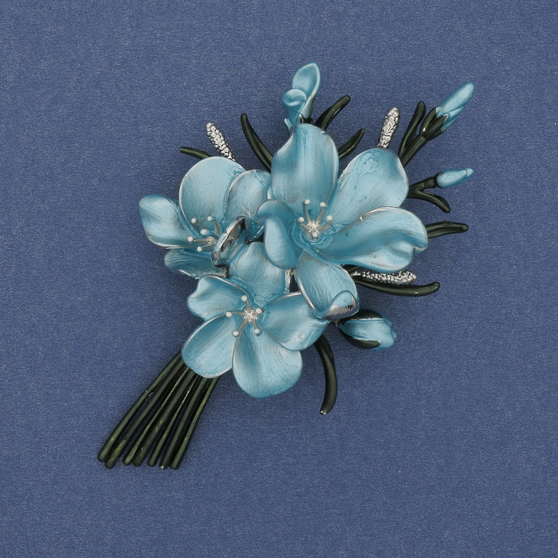 Flower pendant brooch enamel blue and green 47x80mm± gold-tone metal