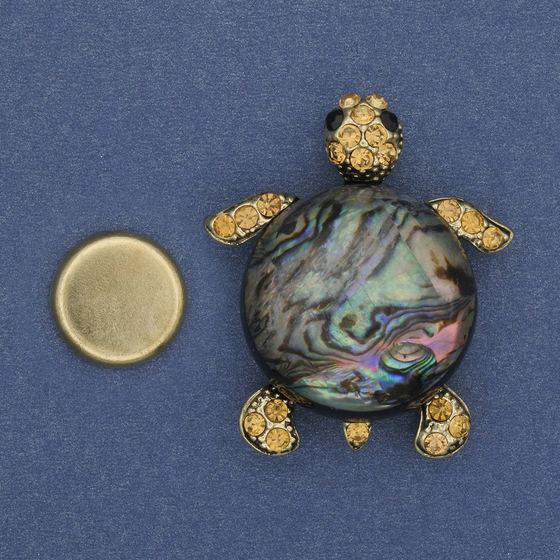 Turtle brooch on magnet Halitois 40x34mm± rhinestones gold-tone metal