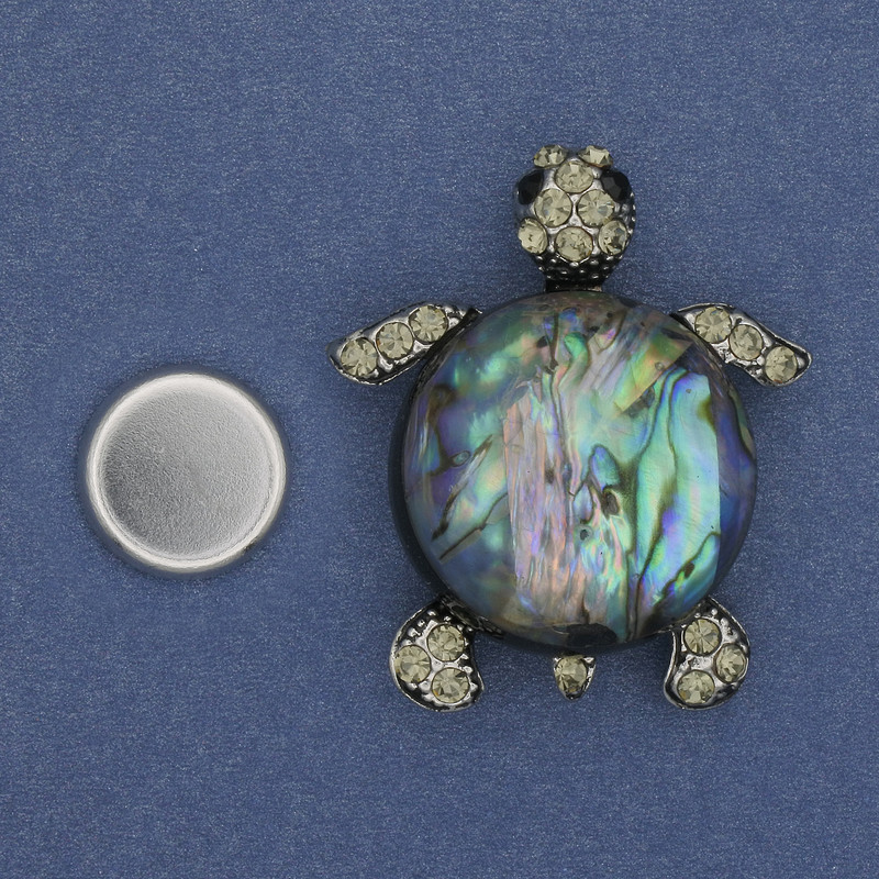 Turtle brooch on a magnet Abalone 40x34mm ± crystals silvery metal