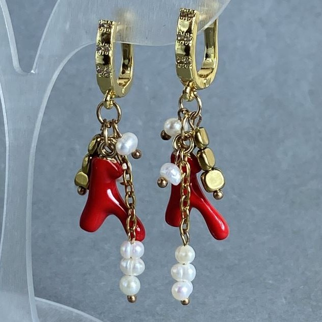 Earrings River Pearls 4x3mm ± Hematite Rectangle 4x4mm ± with Metal Pendant, Length 50mm +