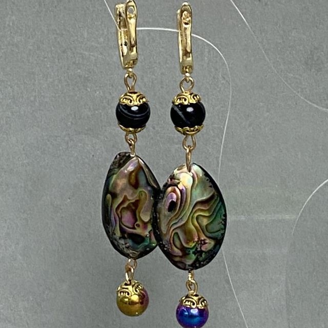 Earrings Haliotis 25x18mm+- Agate Hematite bead 8mm+-, length 78mm+-