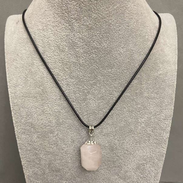 Pendant Pink Quartz Faceted, diameter 20-21x15mm± on eco-leather cord 60cm+ 5cm chain