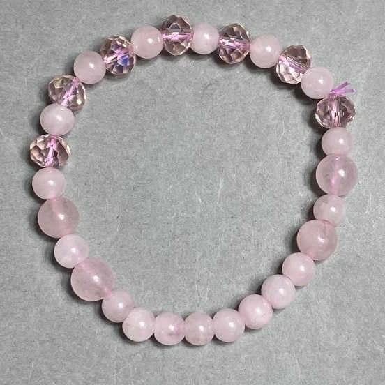 Bracelet Pink Quartz round bead 6mm± Czech crystal 8x6mm±, length 18cm± stretch