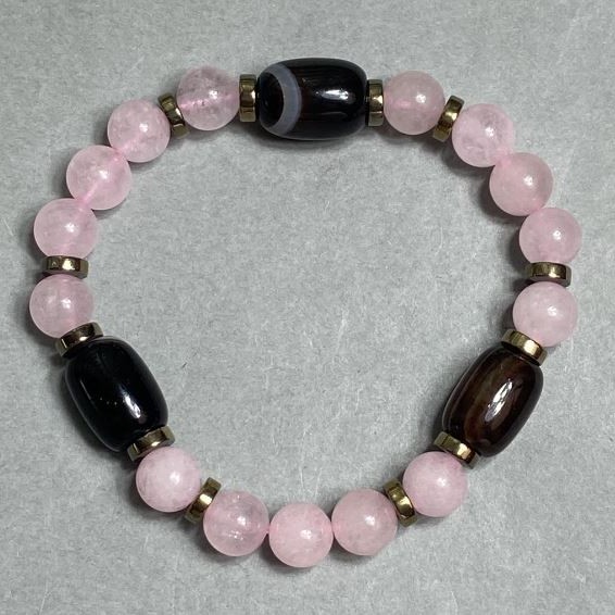 Bracelet Agate barrel 14×10 mm ± Pink Quartz bead 8 mm ± Length 18 cm ± stretch