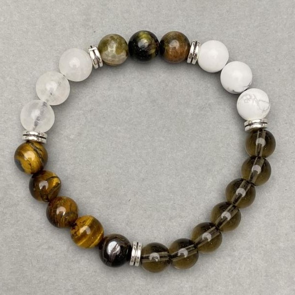 Bracelet Kacholong Rauchtopaz Tiger's Eye smooth round beads 8-9 mm ±, length 18 cm ± stretch