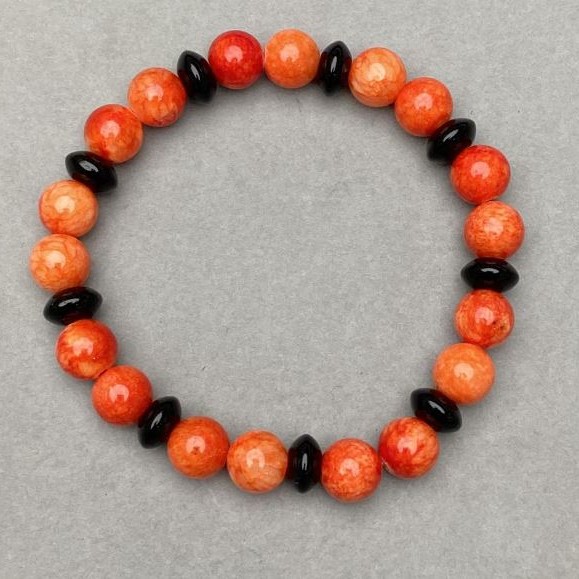 Bracelet Coral artificial, smooth bead 8mm+- Agate rondelle 8x4.5mm+-, length 18cm+- stretch