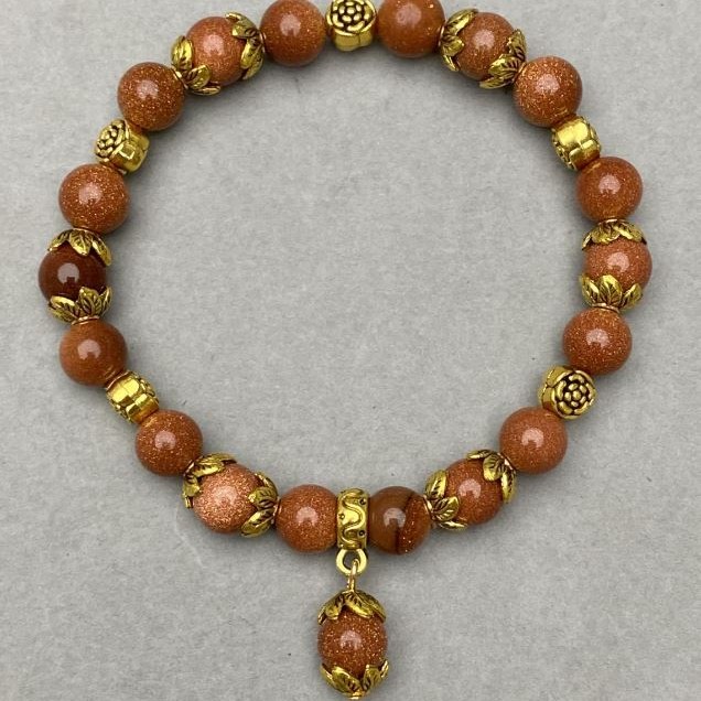 Bracelet Aventurine gold sand bead 8mm± with decorative inserts, length 18cm± stretch