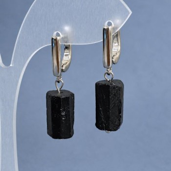 Earrings Tourmaline Schorl unpolished stone, diameter 14x9mm +/-, length 32mm +/- silver-colored metal