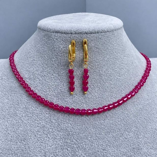 Choker set Ruby Corundum heart 4mm ±, length 34 cm ± with chain 5cm ±, Earrings, length 33mm ±