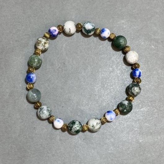 Bracelet Moss Agate bead 8mm+- Acrylic bead 6mm+-, length 18cm+- stretch