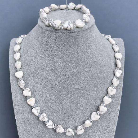 Necklace set Kahonlong heart 10mm+- beads in Swarovski style 5x3, 5mm+-, length 50cm + chain bracelet, length 18cm+- stretch