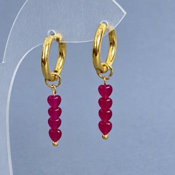 Earrings Ruby Corundum Heart 4mm+- gold-colored metal hook, diameter 16mm+-, length 35mm+-