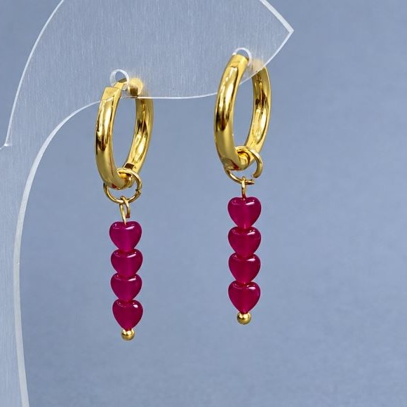 Earrings Ruby Corundum Heart 4mm+- gold-colored metal hook, diameter 16mm+-, length 35mm+-