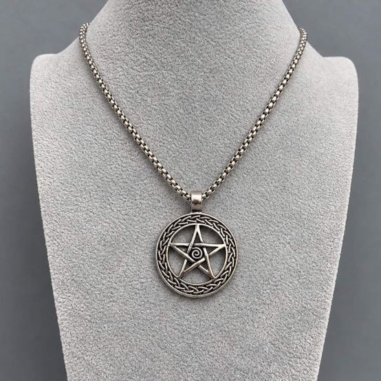 Pendant Star in a Circle 34mm± dark silver color on a chain, length 65 cm