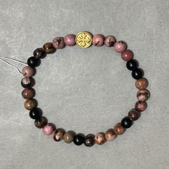 Bracelet Rhodonite smooth round bead 6mm+- with insert, length 18cm +- stretch