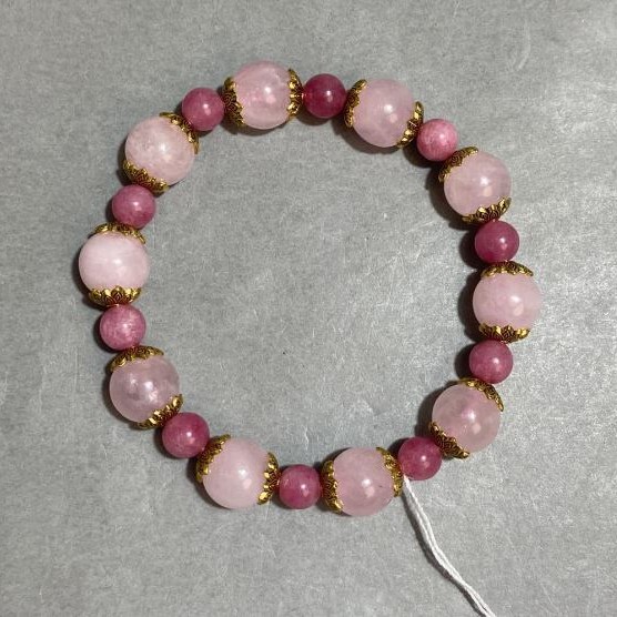 Bracelet Pink Quartz smooth bead 10mm+- Tourmaline smooth bead 6mm+-, length 18cm +- stretch