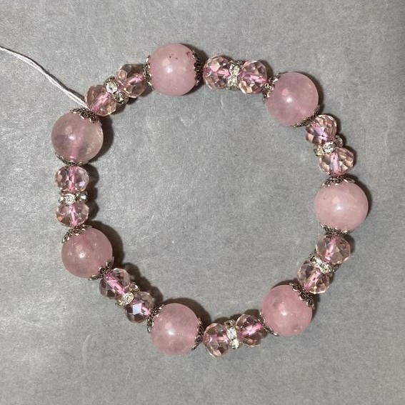 Bracelet Pink Quartz smooth bead 12mm+- Czech crystal faceted rondelle 8x6mm+-, length 18cm +- stretch