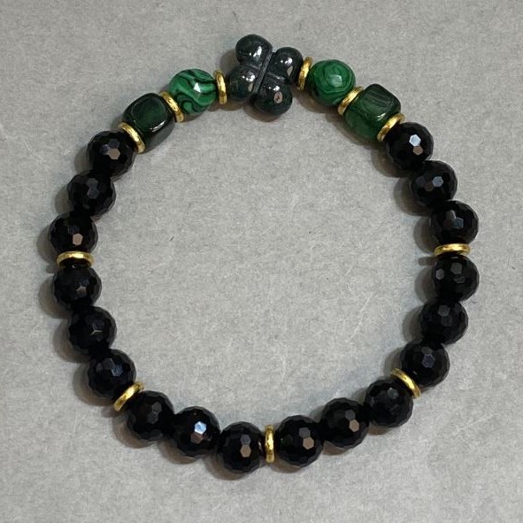 Agate and Malachite Bracelet, faceted bead 8mm ±, length 18cm ± stretch