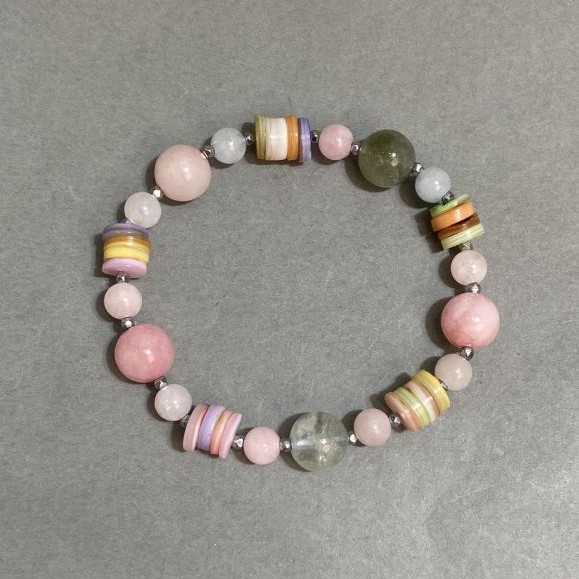 Bracelet Morganite smooth round bead 6mm± to 10mm± Scaferka rondelle 8x2mm±, length 18cm± stretch