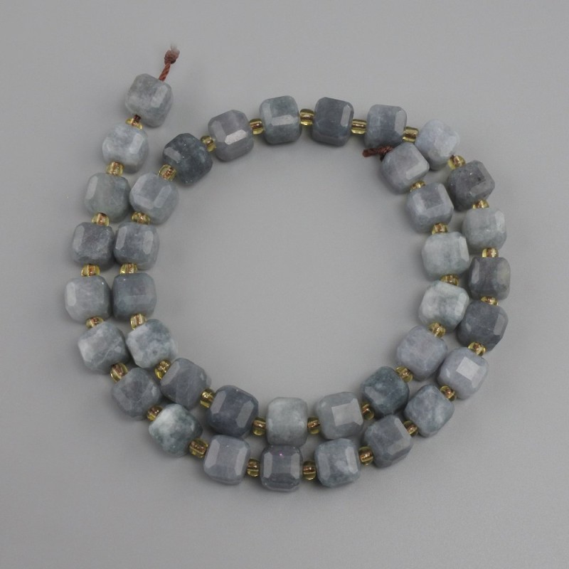 Aquamarine beads faceted cube, diameter 8x8mm+- seed beads 3mm+- , length 38cm+-
