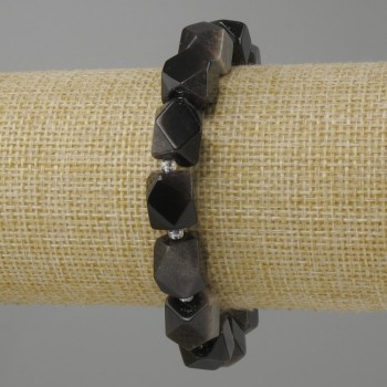 Bracelet Silver Obsidian Faceted Beads, diameter 12x10mm +- bead 3mm +- , length 18cm +- stretch