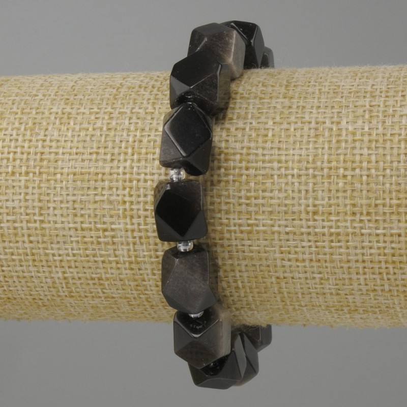 Bracelet Silver Obsidian Faceted Beads, diameter 12x10mm +- bead 3mm +- , length 18cm +- stretch
