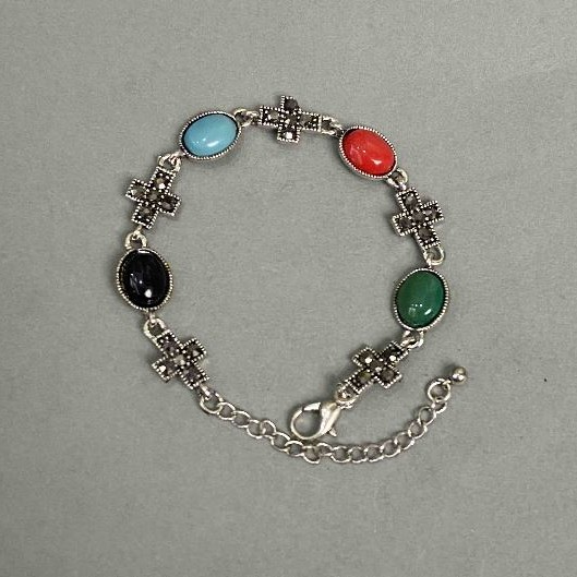 Metal bracelet with colorful cabochons 14mm+- cross 14x11mm+-, length 19-25cm