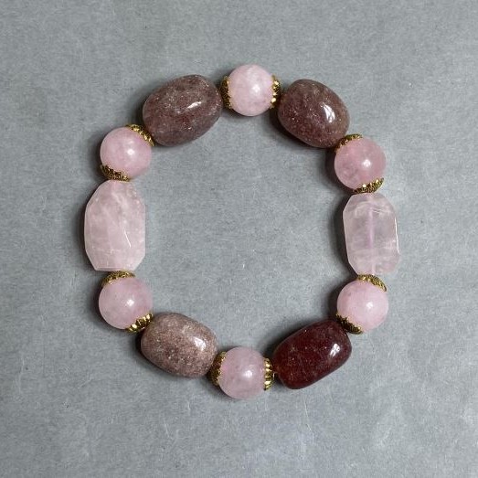 Bracelet Pink Quartz bead 12mm ± faceted 21x13mm ± Strawberry Quartz tumbled 18x13mm +-, length 18cm ± stretch