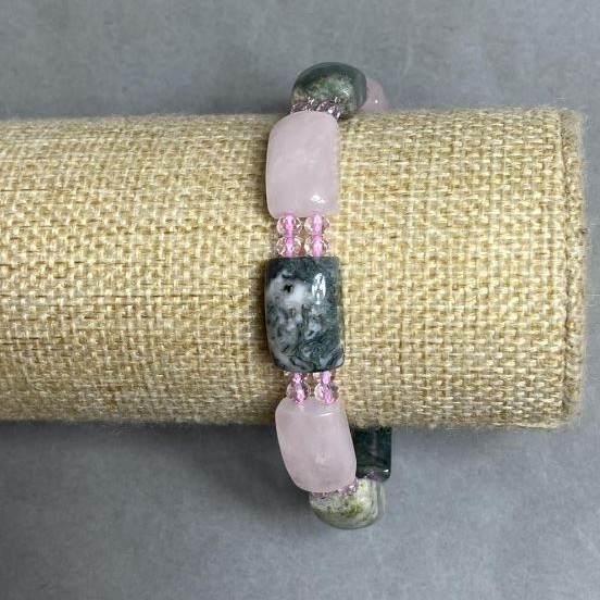 Bracelet Pink Quartz Moss Agate link 17x10mm+- Czech crystal, length 18cm +- stretch