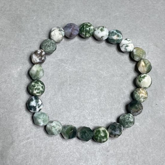 Bracelet Moss Agate faceted beads 8mm +/-, length 18cm +/- stretch