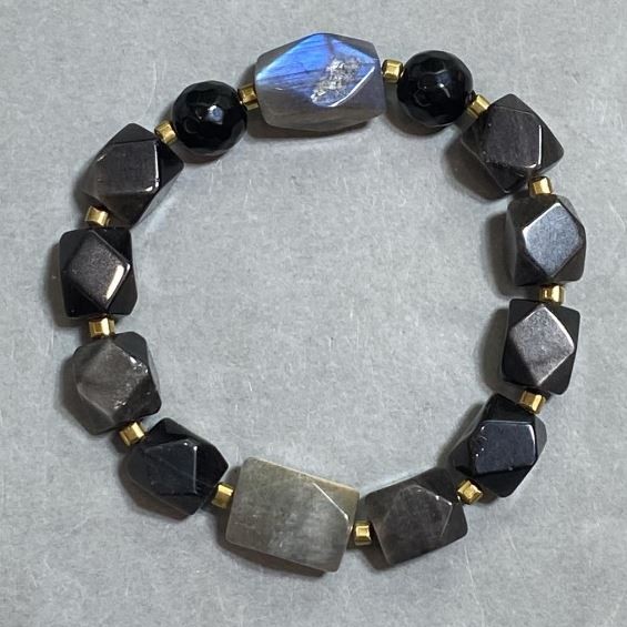 Labradorite bracelet faceted pieces, diameter 16x10mm+- silver-obsidian 11x10mm+-, length 18cm +- stretch