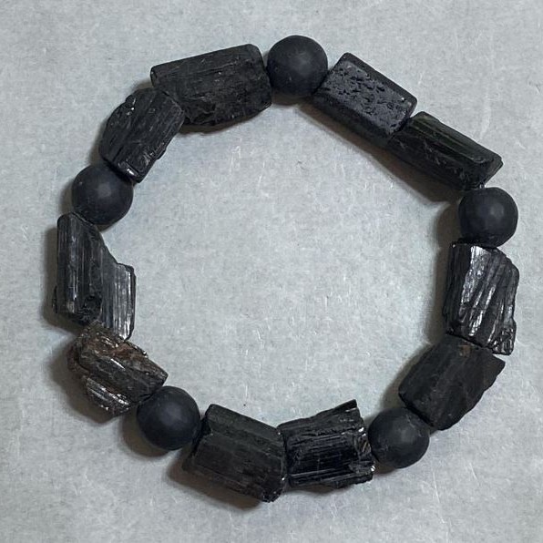 Bracelet Tourmaline Schorl unpolished stones, diameter 14-16x11mm+- Shungite bead 10mm+-, length 18cm +- stretch