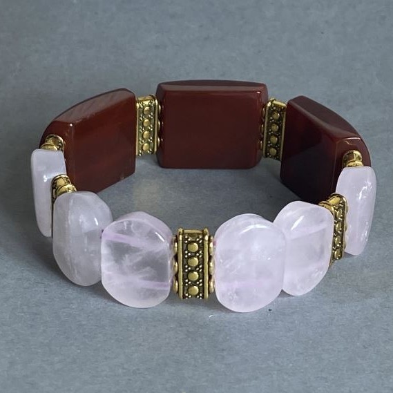 Bracelet Pink Quartz bead link, diameter 18x13mm +- Carnelian bead link 24x19mm +-, length 18cm +- stretch