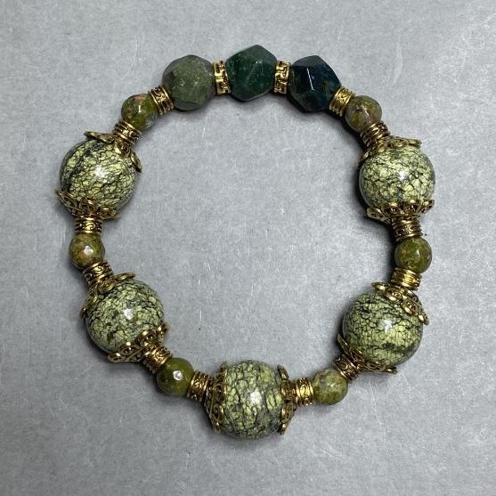 Snake Skin Jasper bead bracelet 13mm± Yellow Jasper faceted 10mm±, length 18cm± stretch