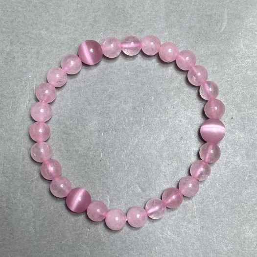 Bracelet Pink Quartz 6mm+- Cat's Eye Bead 8mm+-, Length 18cm+- Stretch