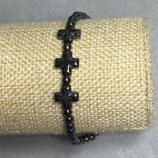 Hematite bead bracelet, bead diameter 4mm +- cross 10x10mm+-, length 18cm +- stretch