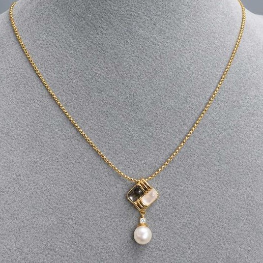 Pendant Abalone Mother-of-Pearl Haliotis square 10x10mm+- with Pearl 6mm+- on a chain, length 46cm+