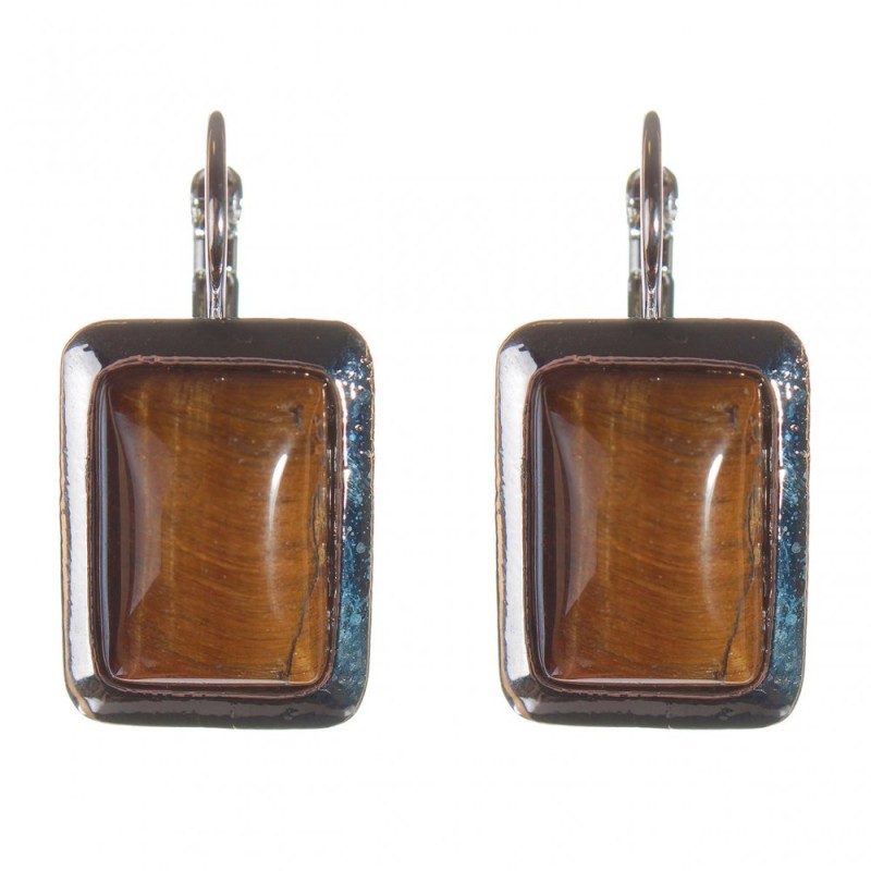 Clearance. Tiger's Eye Earrings in a Smooth Setting with Rectangular Stone 2.3×1.8 cm, Length 3.5 cm