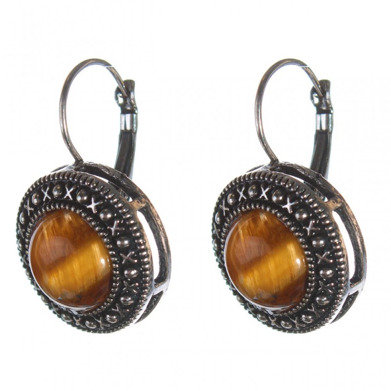 Clearance. Tiger's Eye Earrings in bezel setting "dot cross" round stone 2 cm, length 3 cm