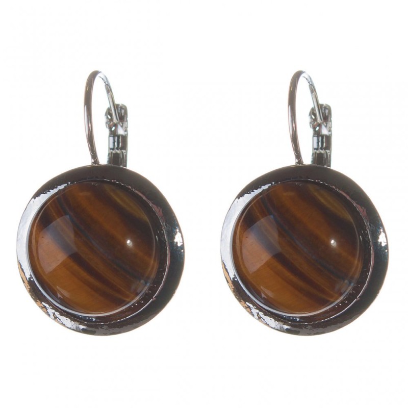 Clearance. Tiger Eye Earrings, Smooth Setting, Round Stone 2cm, Length 3.1cm