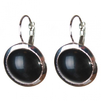 Clearance Earrings Agate Black Smooth Setting Round Stone 2cm, length 3.1cm