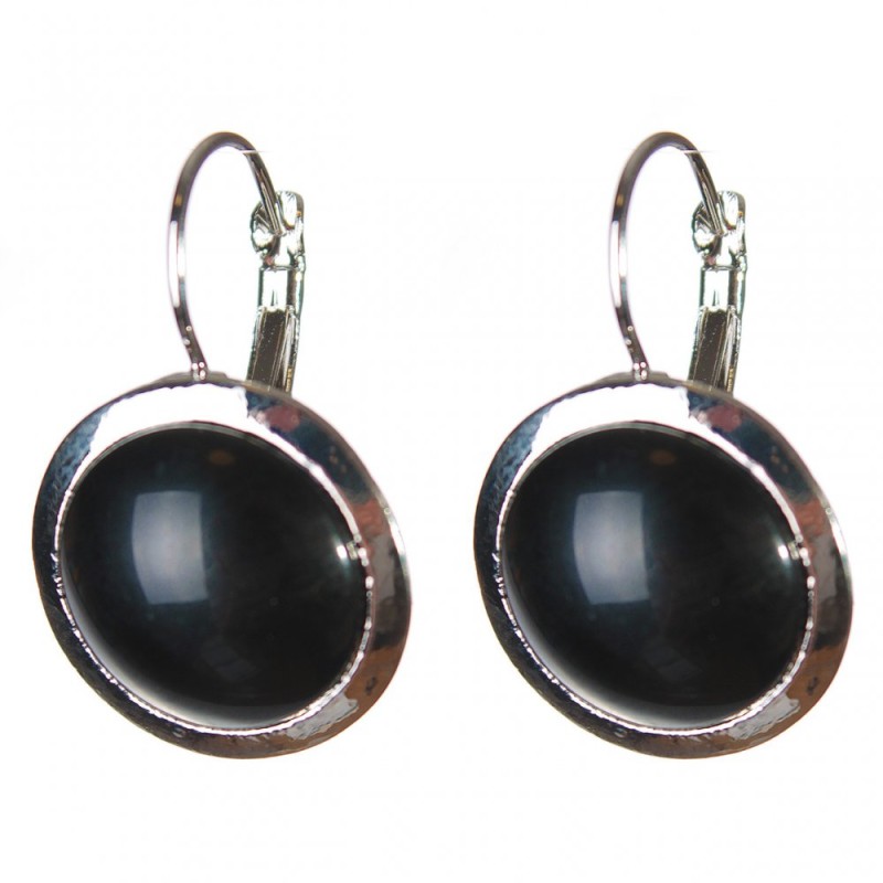 Clearance Earrings Agate Black Smooth Setting Round Stone 2cm, length 3.1cm