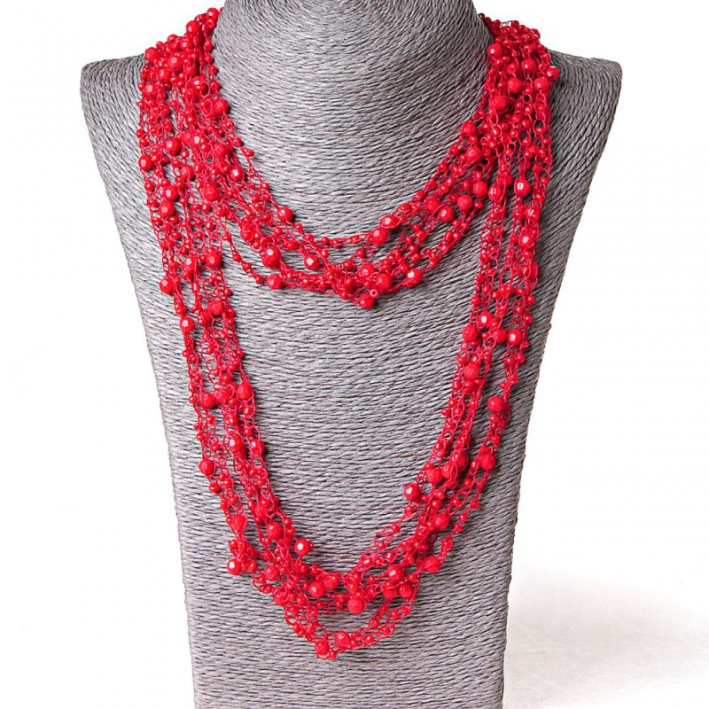 (140 cm) Cobweb Necklace with Round Pendants, Red