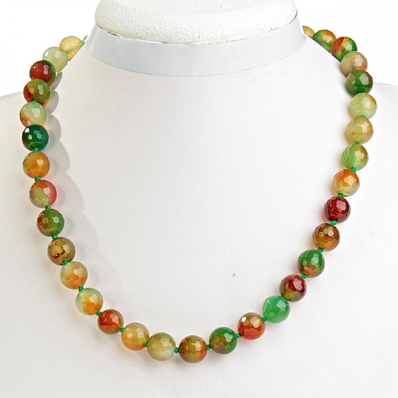 Brazilian Agate Necklace, Round Beads 10mm with Faceted Cut, Length 44cm