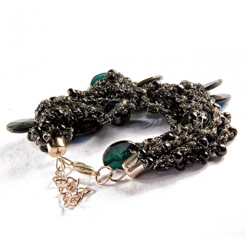 Bracelet with Metal Lobster Clasp on Chain, Black Macrame Cord, Faceted Round Black Stones