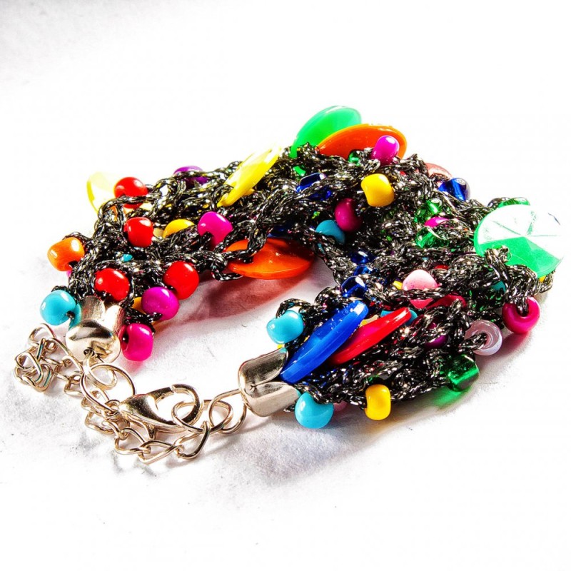 Bracelet Metal Lobster Clasp on Chain Macrame Cord Black Shiny Faceted Multicolor Stone Circles